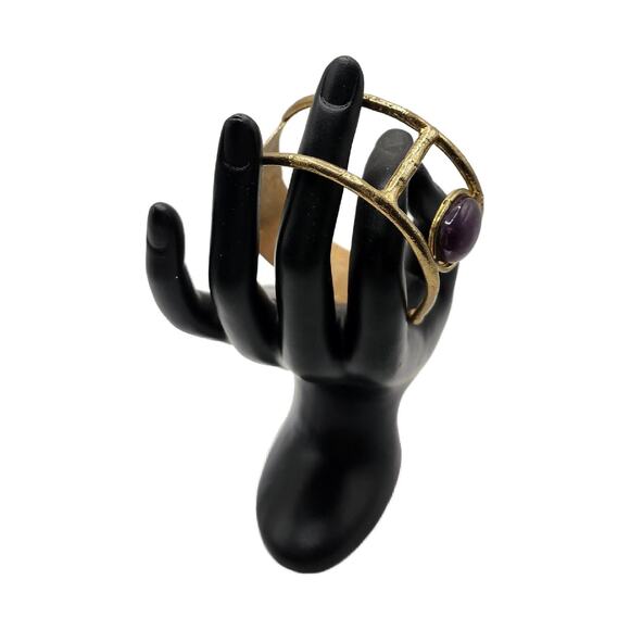 Vintage Artisan Brutalist Gold Cuff Bracelet Moonstones and Amethyst Stones - Picture 10 of 13